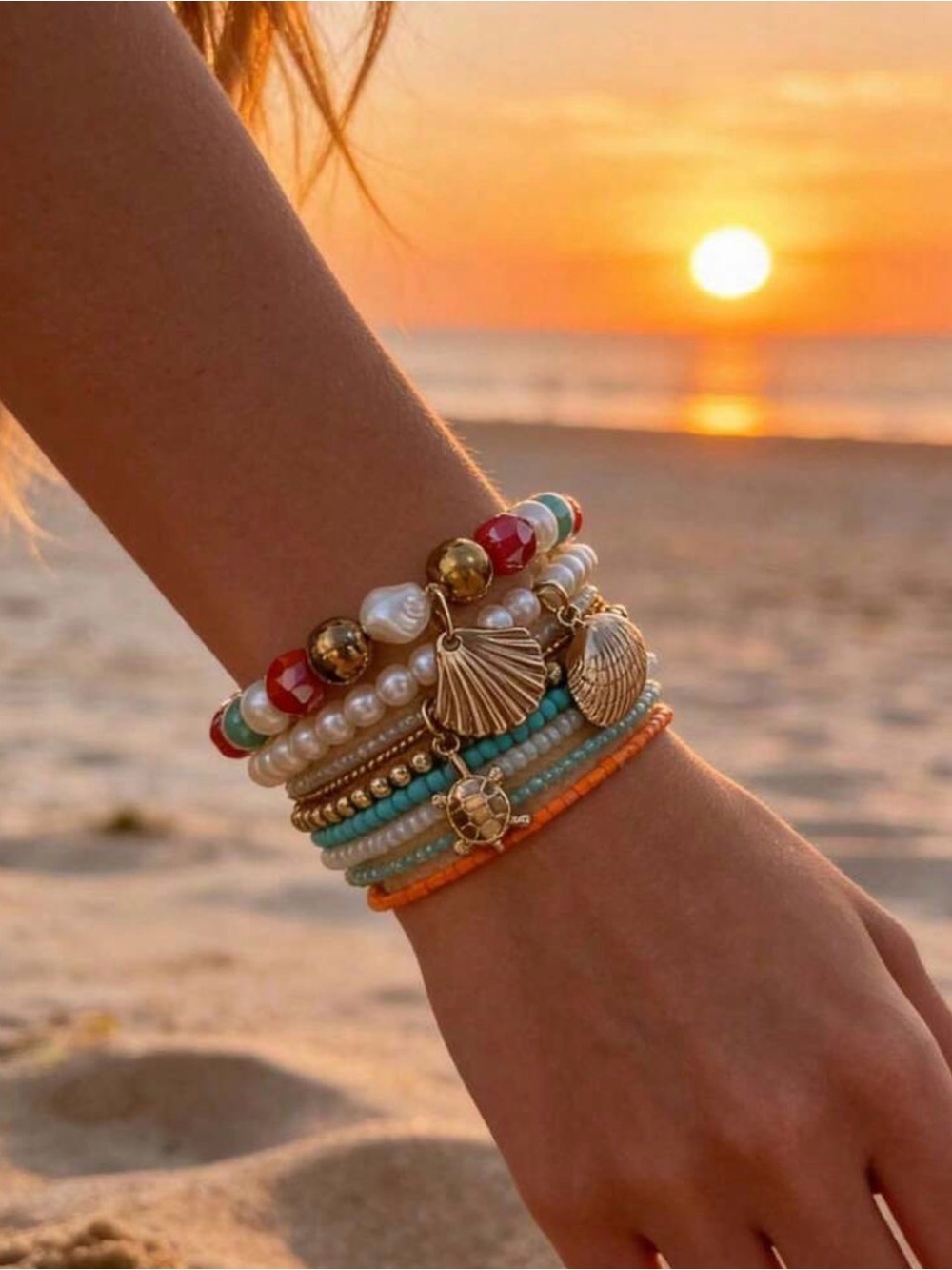 Gold Shell Charm Layered Beaded Bracelet Set - Turquoise, Coral & Pearl